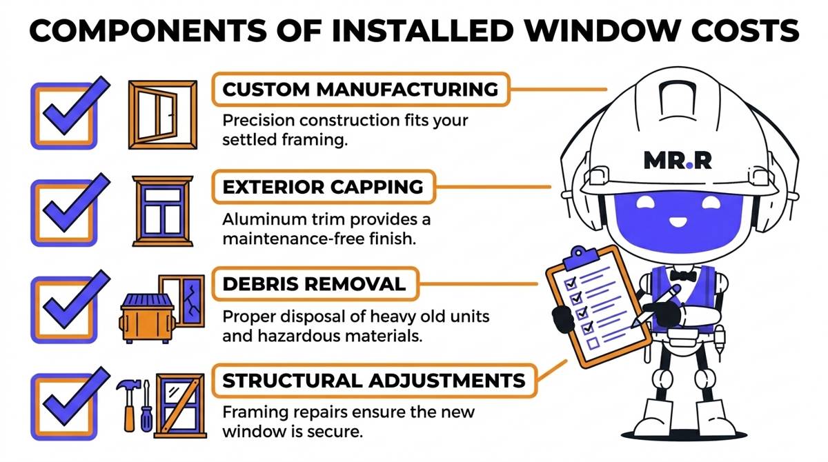 A 2026 window installation infographic breaking down the factors that total the $2,834.44 fully-burdened cost per unit.